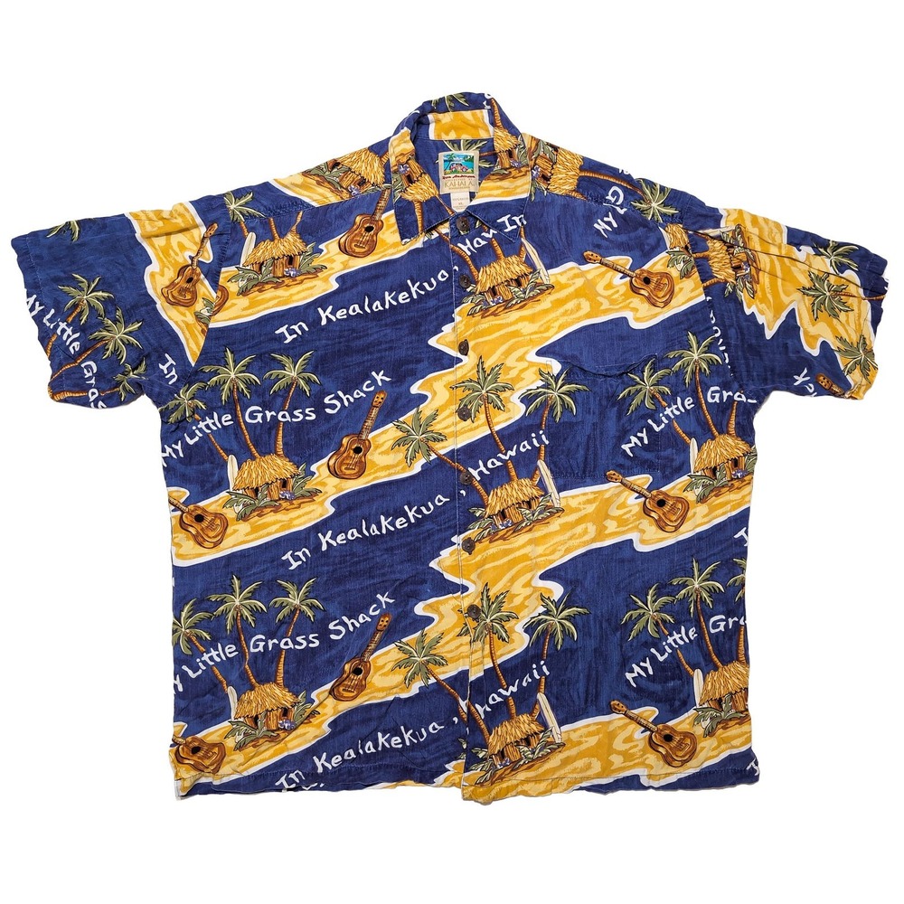 KAHALA Hawaiian Shirt Mens XL Blue Ron Anderson Little Grass Shack Rayon XL